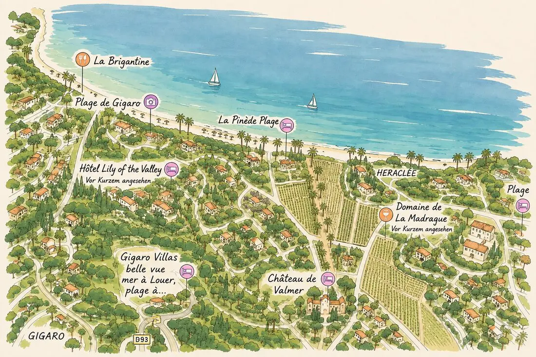 Illustrated map of Gigaro showing La Maison de la Mer's surroundings, Heraclée beach, and nearby landmarks