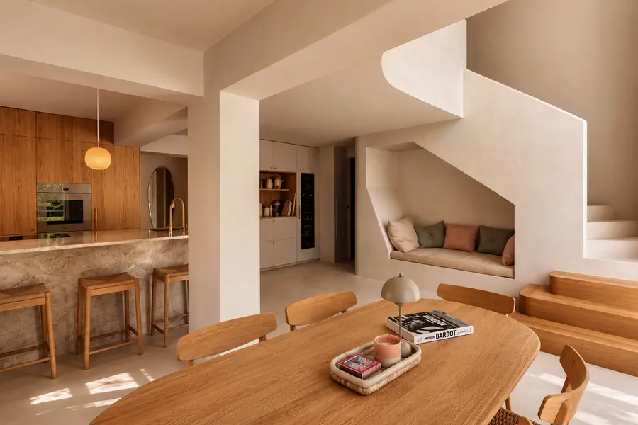 Living, dining and kitchen area