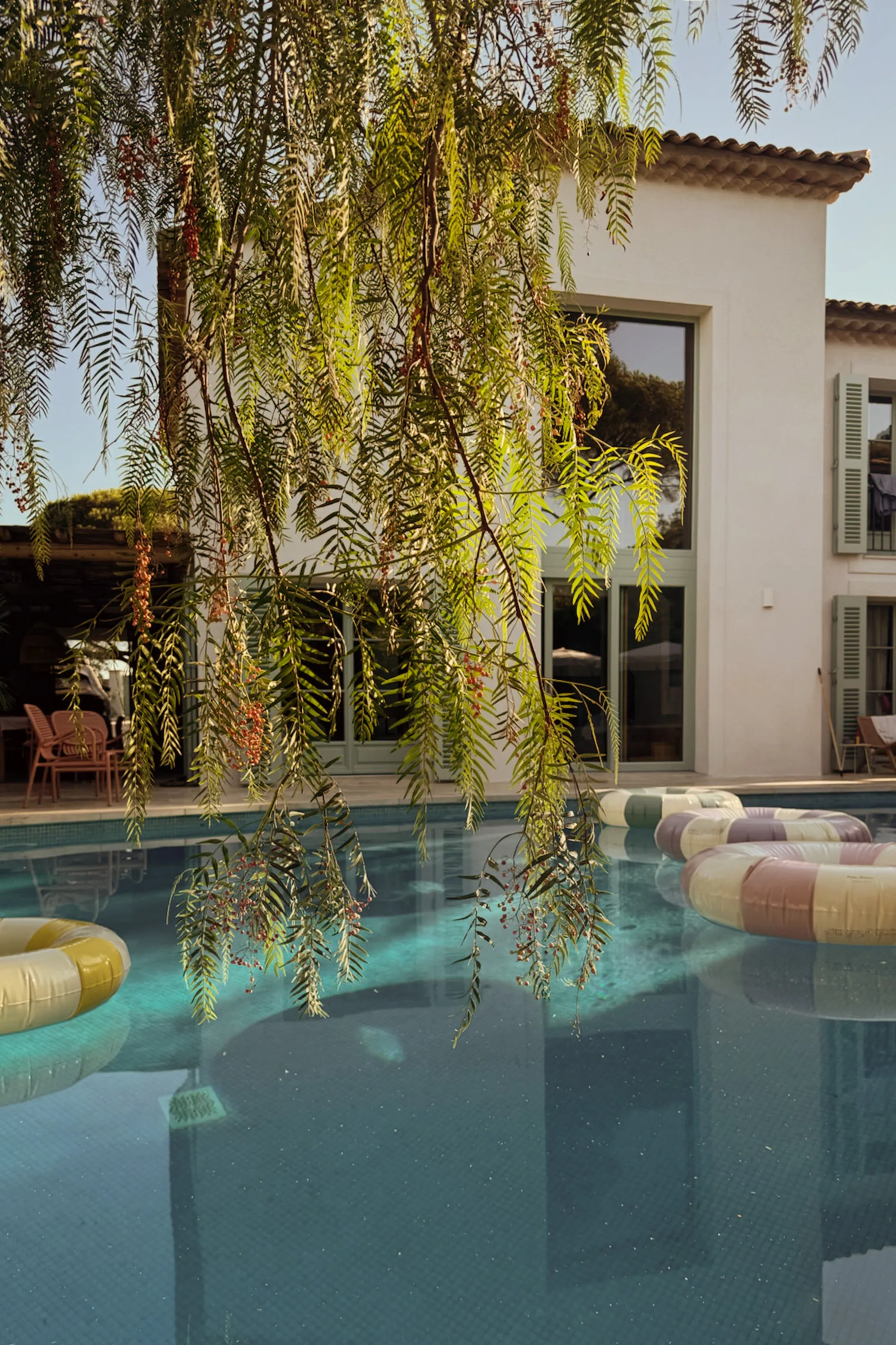 Pool with striped floats seen beneath hanging willow branches